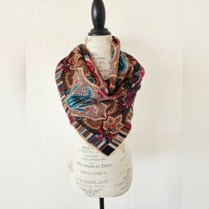 Brown Teal Red Paisley Wool Shawl with Fringe Square Neck Scarf